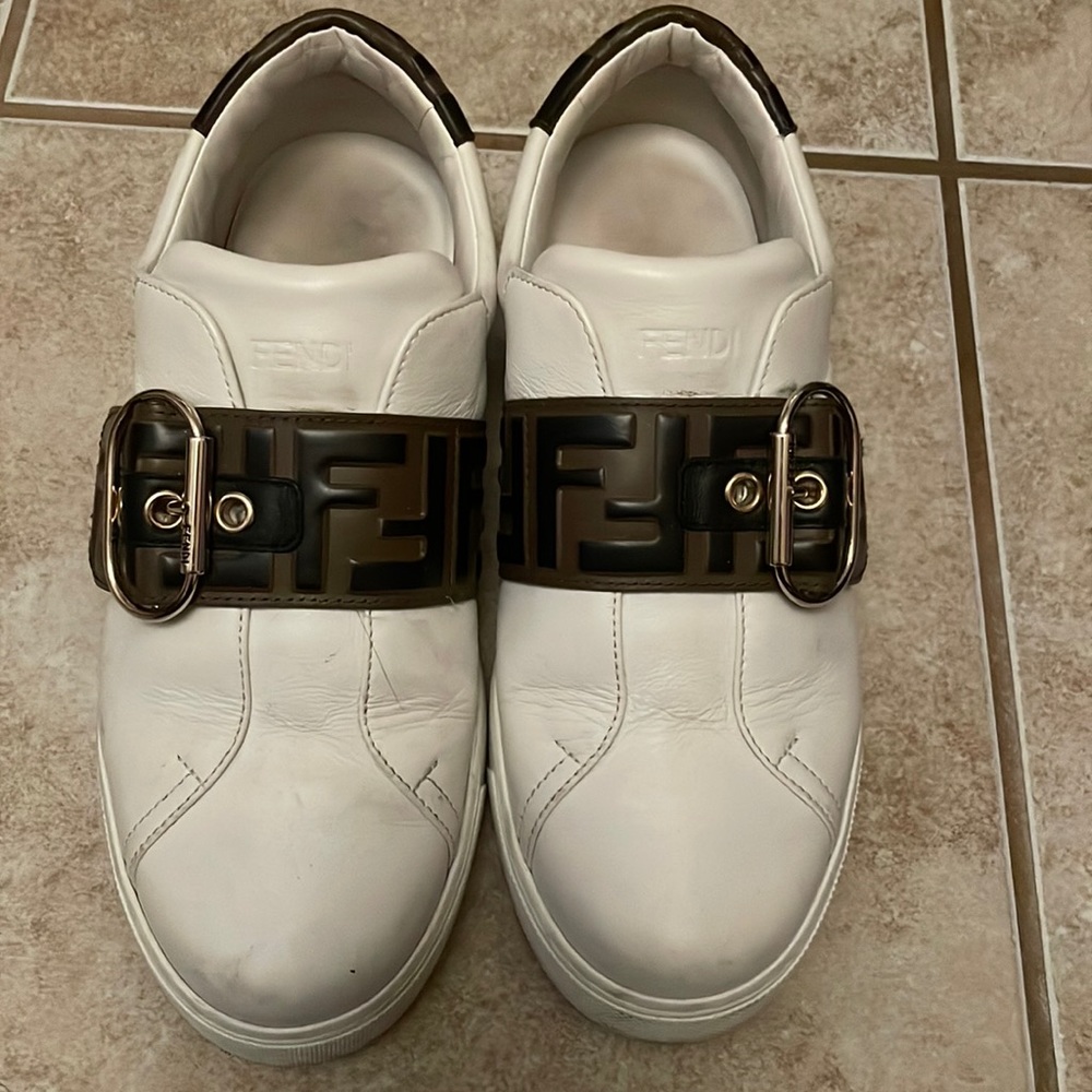 Fendi Buckle Logo White Signature Leather Sneakers Size 37